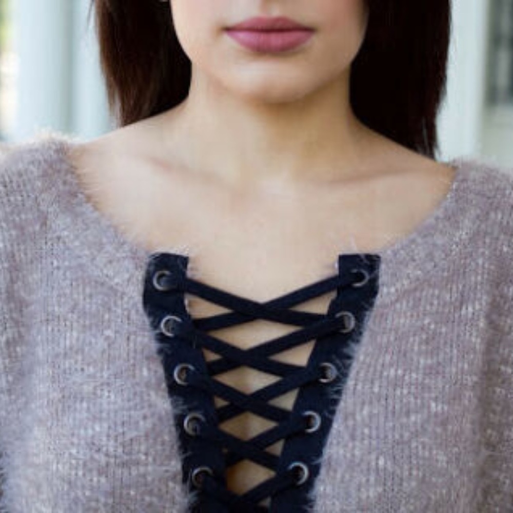 Express Mauve Pink Fuzzy Lace Up Sweater_3